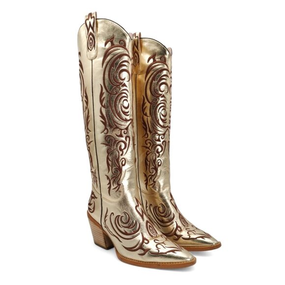 Texas Gold Women's Size 7 Gold Embroidered Knee High Block Heel Western Boots - Picture 5 of 16